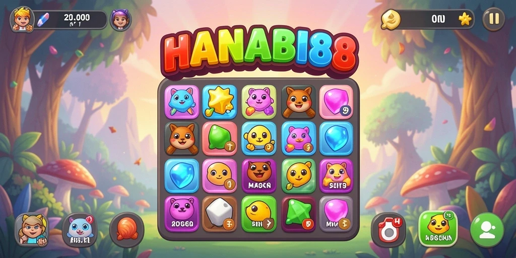Tangkapan layar utama HANABI88 menampilkan gameplay seru Match-3 dengan kombinasi warna-warni.
