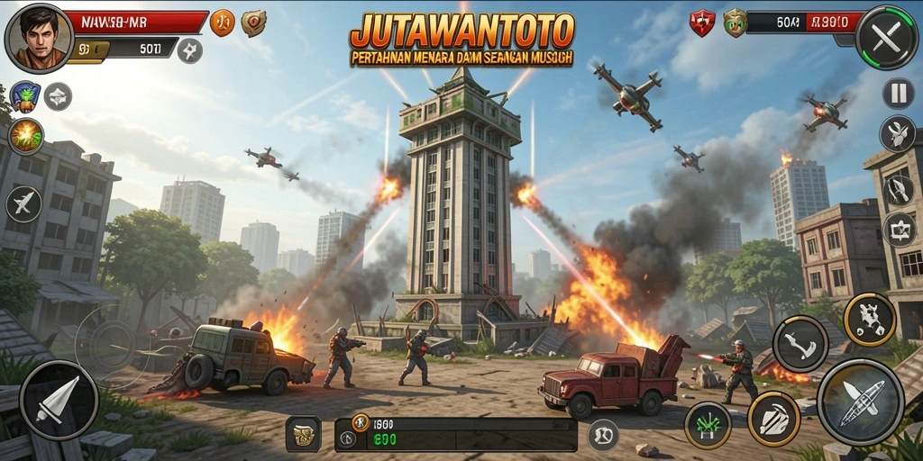 Screenshot dari gameplay menegangkan di JUTAWANTOTO, menunjukkan strategi tower defense.