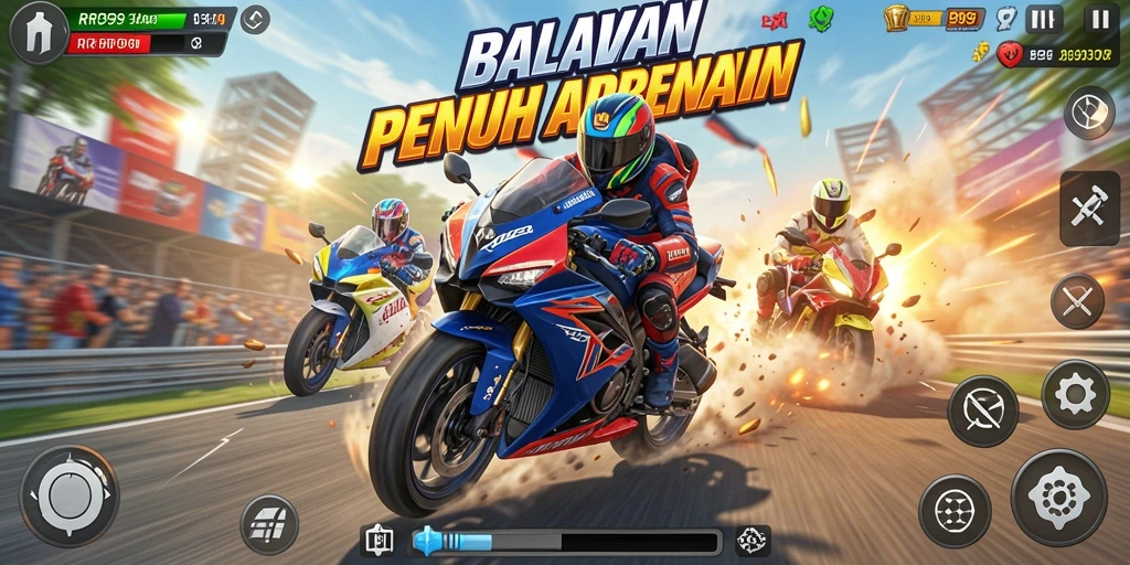 Tampilan gameplay mendebarkan di balapan motor.