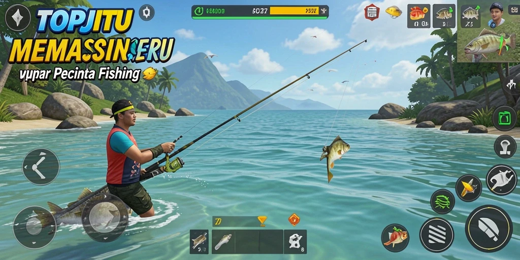 Screenshot utama TOPJITU menampilkan aksi memancing yang mendebarkan dan lokasi yang menawan.